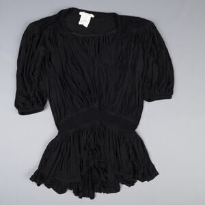 Premonition Womens Medium Cinched Waist V-Neck Shirred Peplum Blouse Black